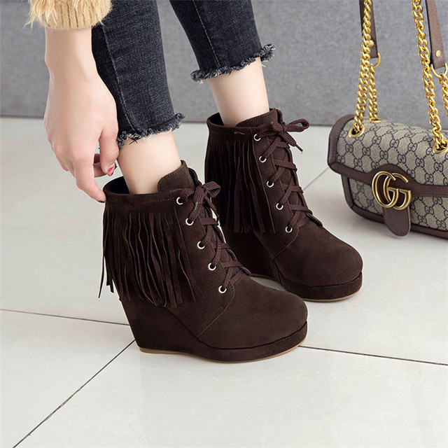 New frosted Leather Suede commuter slope heel high heeled women’s short boots fringe hig