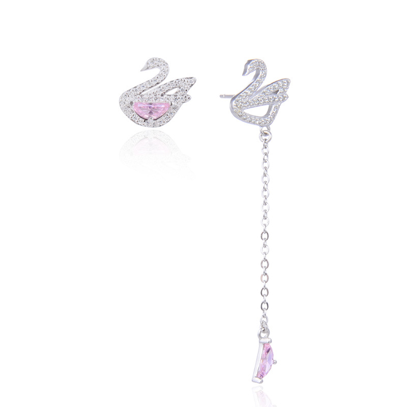 S925 plata esterlina diamante Rosa Little Swan Stud pendientes moda femenina Red temperamento rojo asimétrico diamantes incrustados pendientes de alta calidad