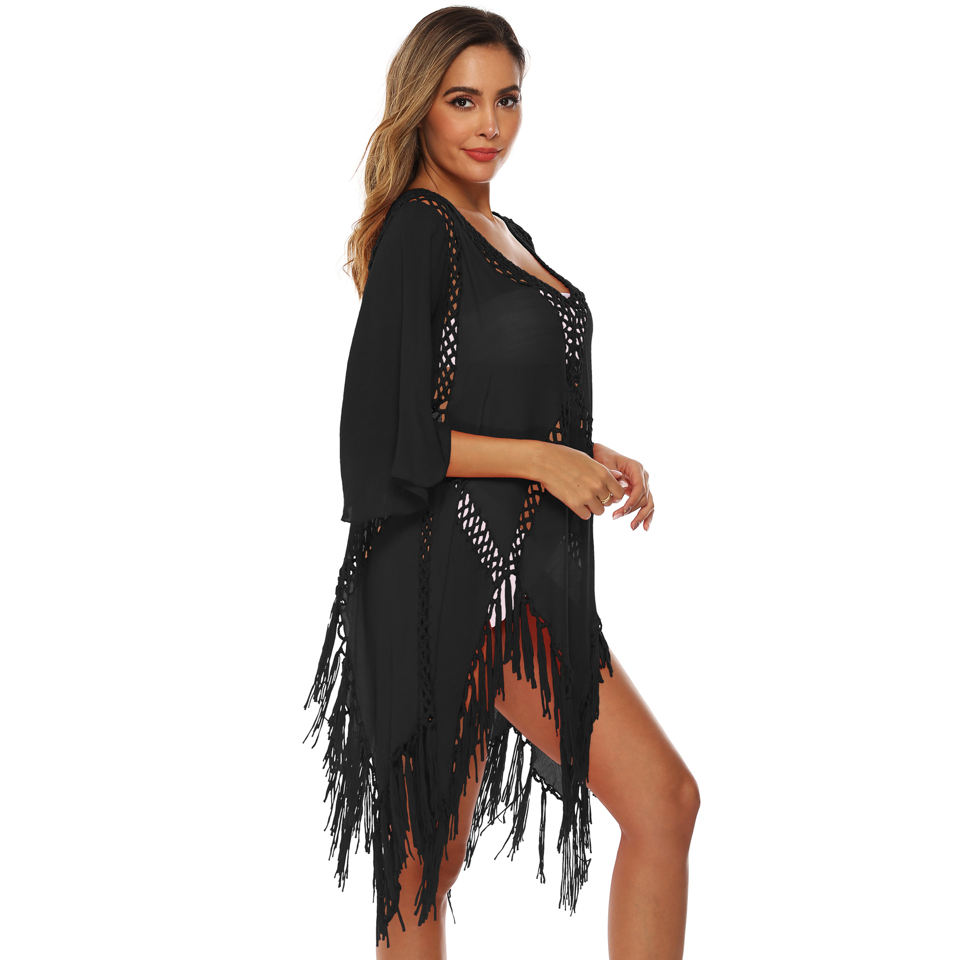 Irregular stitching tassel trumpet sleeve deep V sexy hollow beach dress  NSOY26756