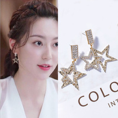s925银针防过敏显瘦双层五角星耳坠女 韩版夸张宴会耳饰E0036