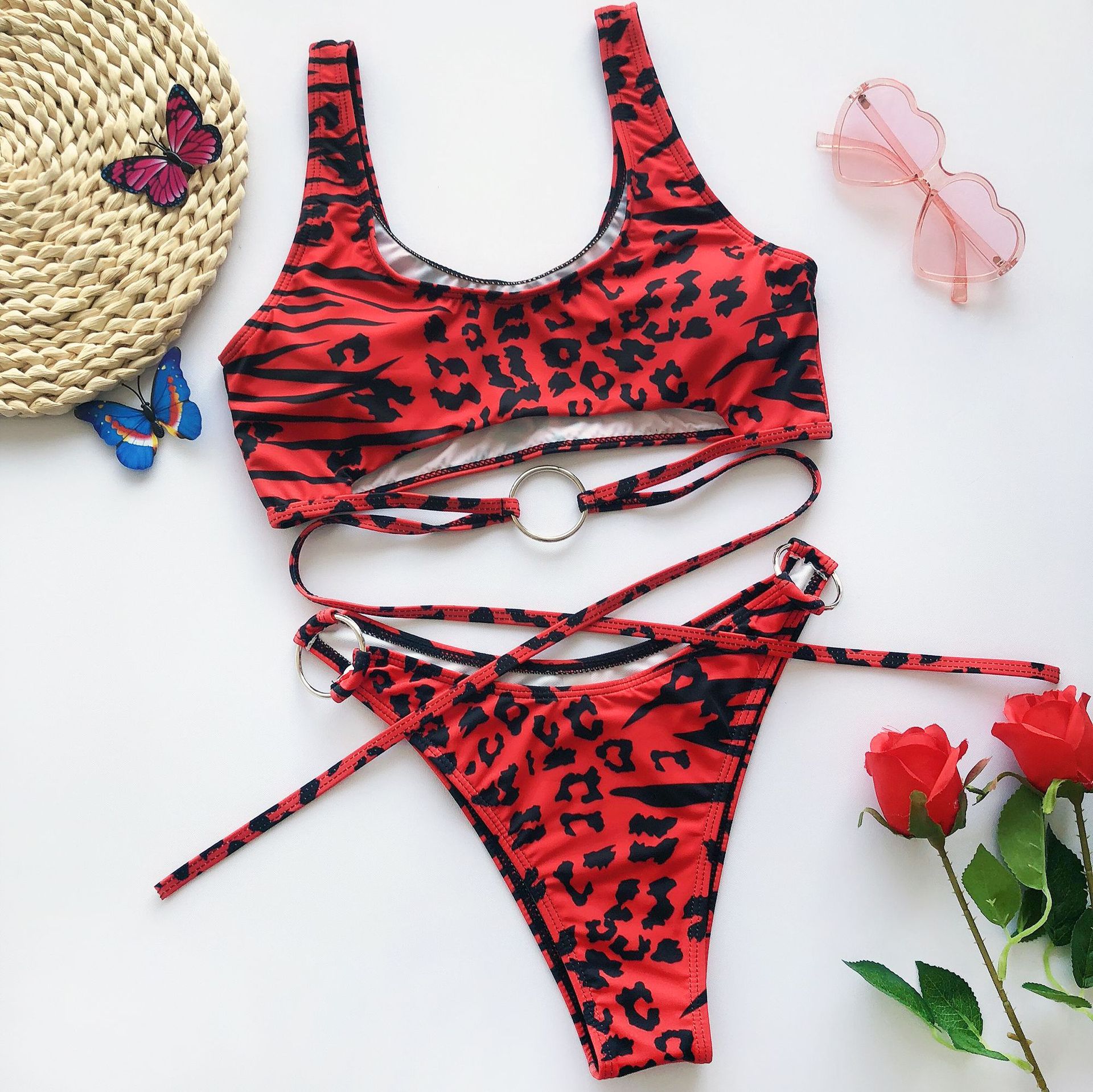 leopard print sexy metal buckle strap bikini two-piece swimsuit nihaostyles wholesale clothes NSCMB96880