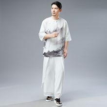 25夏季新品 山水斜襟短袖 风雪纺短袖印花男式白色T恤圆领古风