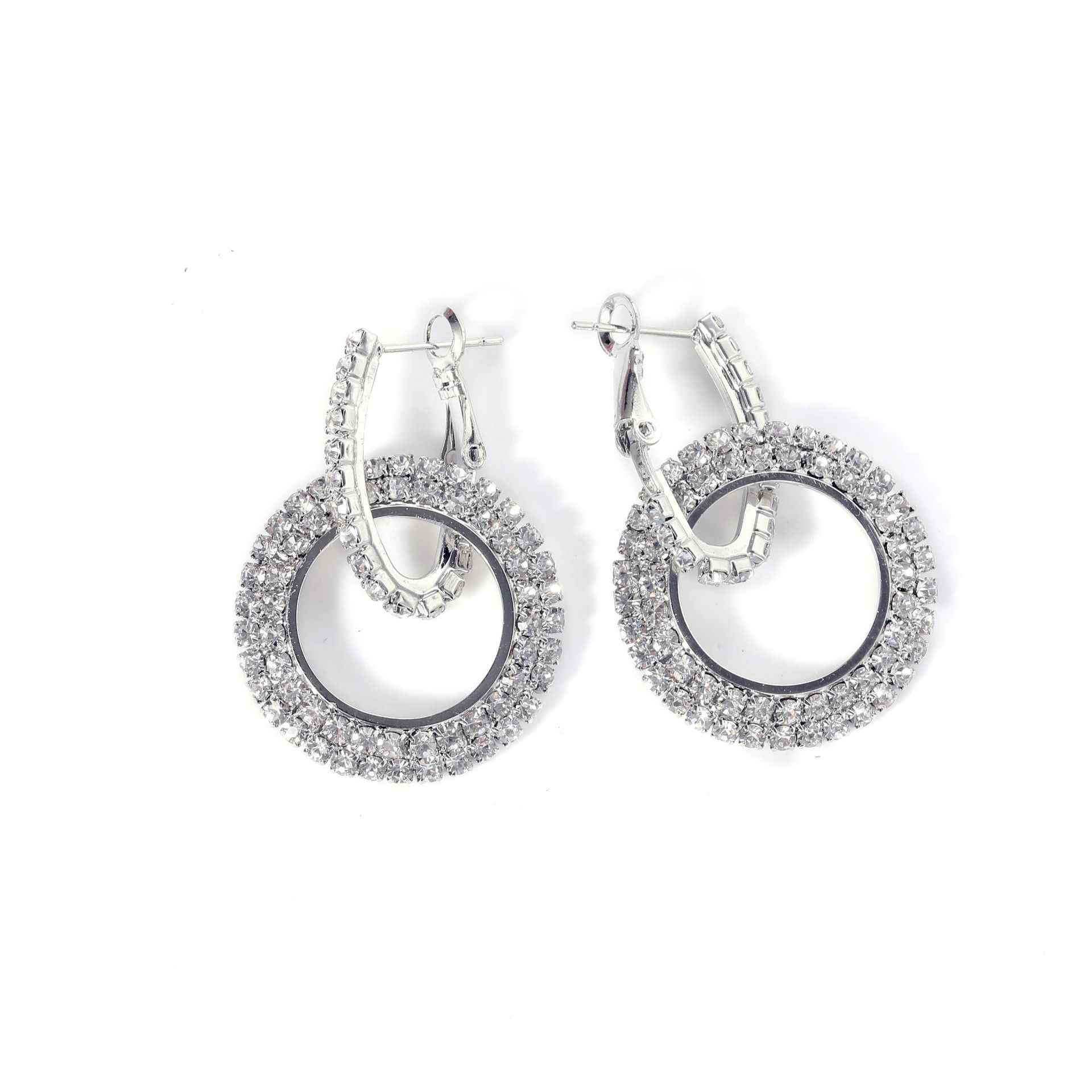 1 Pair Simple Style Double Ring Plating Inlay Metal Rhinestones Drop Earrings display picture 4