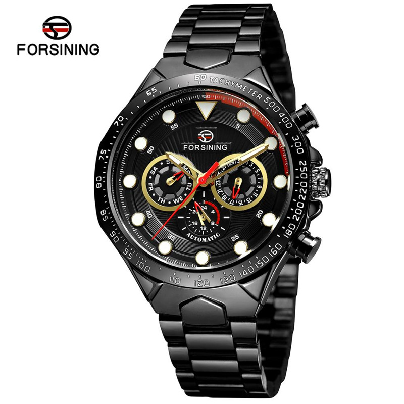 FORSINING fusini hombres moda correa de acero reloj mecánico automático reloj impermeable luminoso de seis pines 432