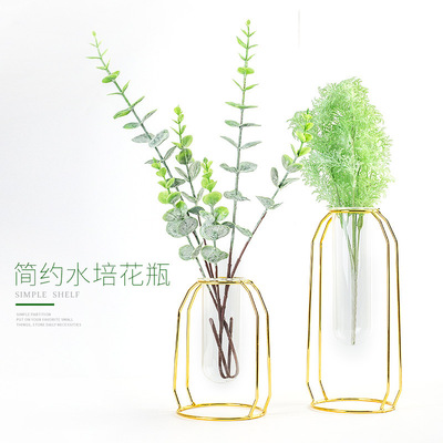 INS简约轻奢玻璃水培铁艺金属花瓶 北欧几何花架玻璃试管客厅摆件