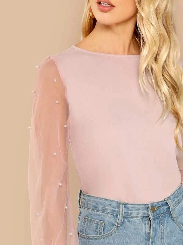 Long Sleeve Mesh Patchwork Top