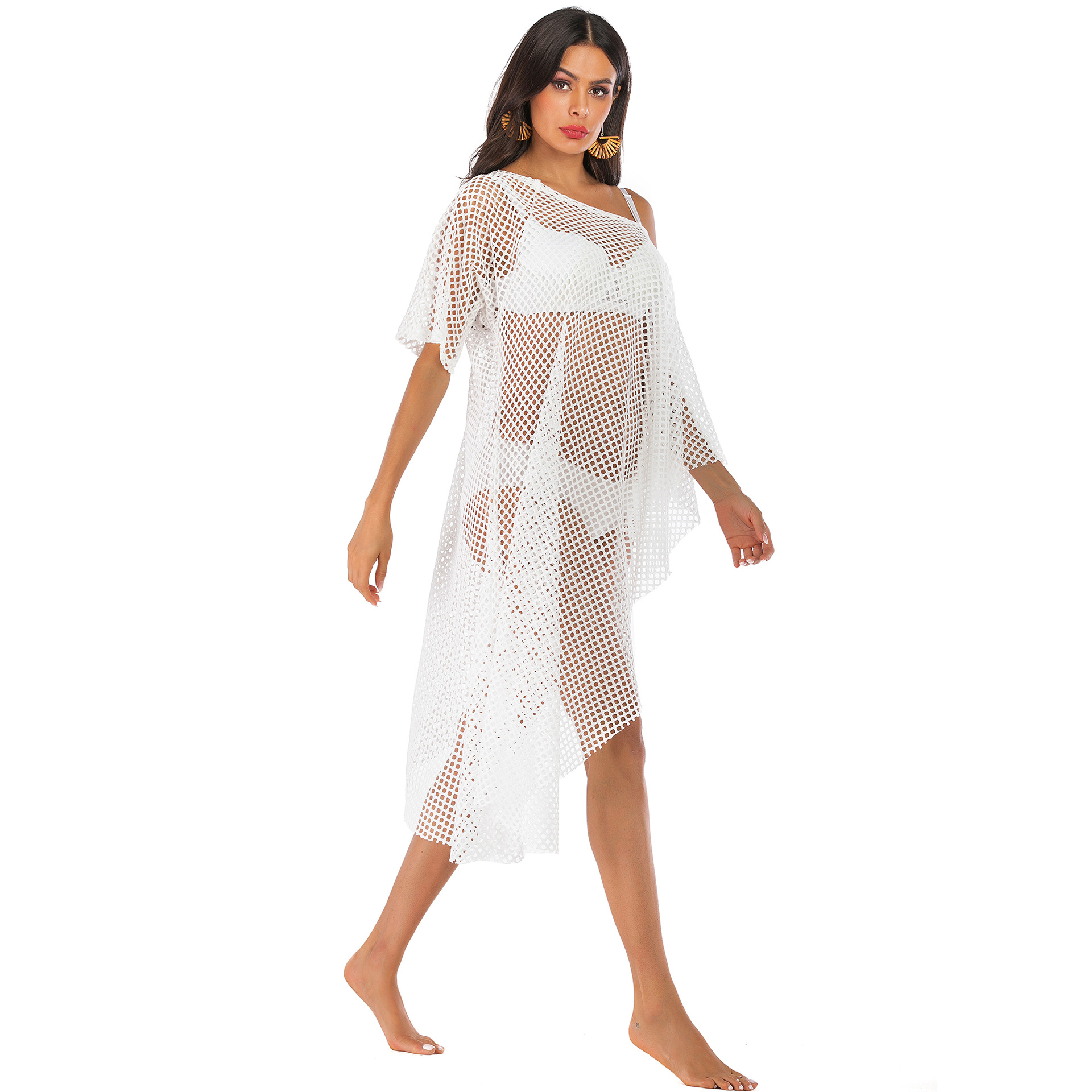 irregular off-shoulder neckline hollow see-through sexy mesh beach blouse  NSOY26729