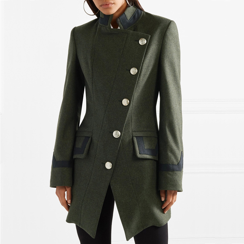 Autumn and winter new pattern woolen overcoat Europe and America Stand collar Uniform wind Side Single breasted Self cultivation coat Trend Women's wear