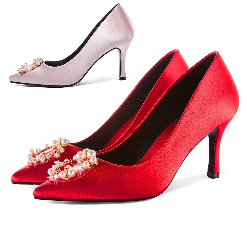2019珍珠配饰8厘米819-25高跟红色婚鞋敬酒新娘鞋香槟伴娘鞋女单|ms