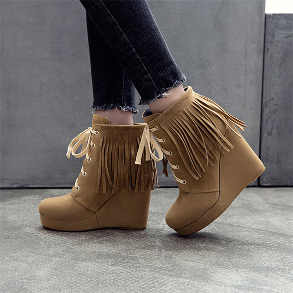 New frosted Leather Suede commuter slope heel high heeled women’s short boots fringe hig