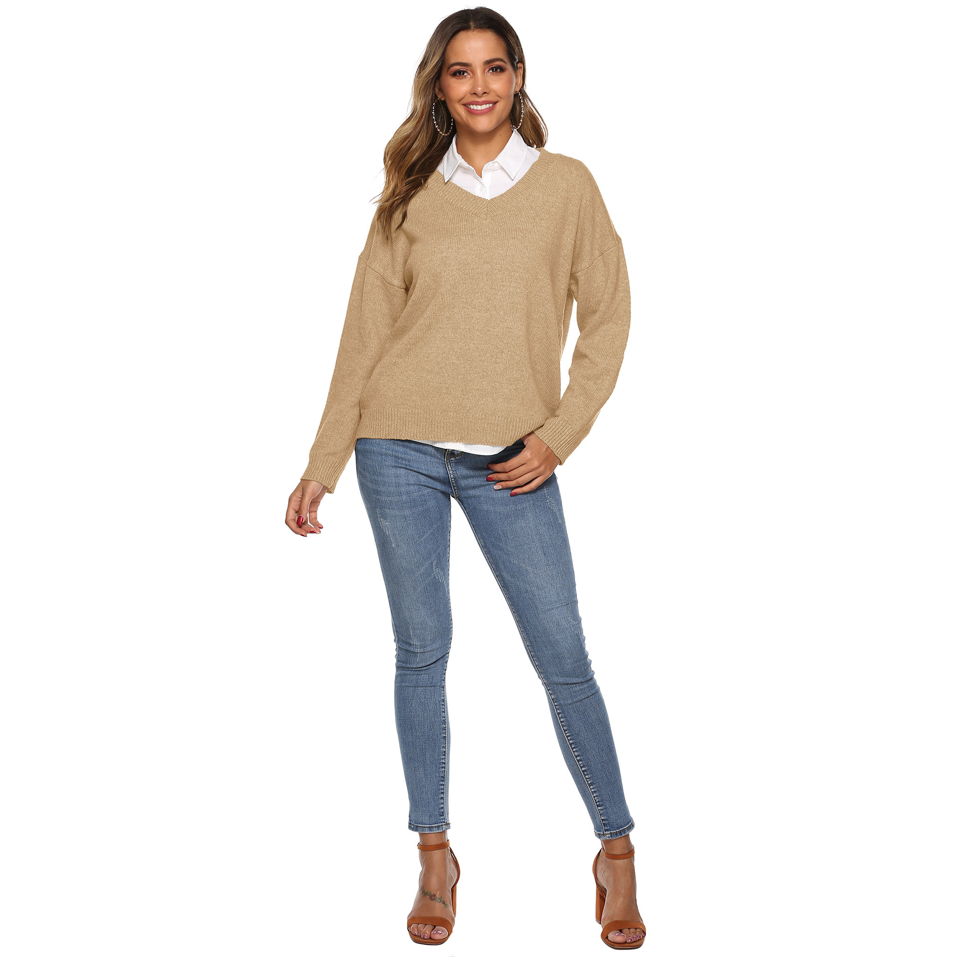 solid color simple woven V-neck pullover  NSOY45997