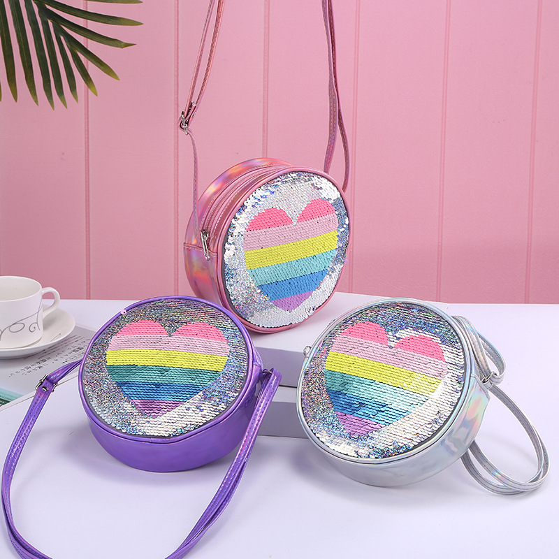 Moda nueva tendencia PU radium un hombro crossbody pieza corazón arco iris sirena unicornio lentejuelas niña detail image 2