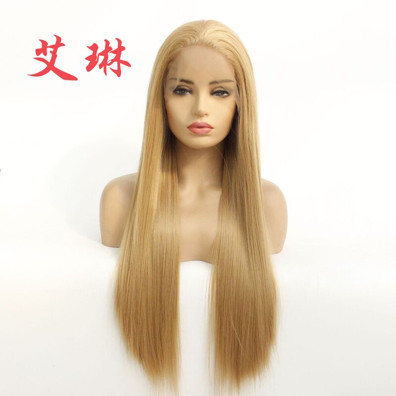 European and American wig ladies golden free long straight hair chemical fiber front lace headgear half hand hook wig factory wholesale