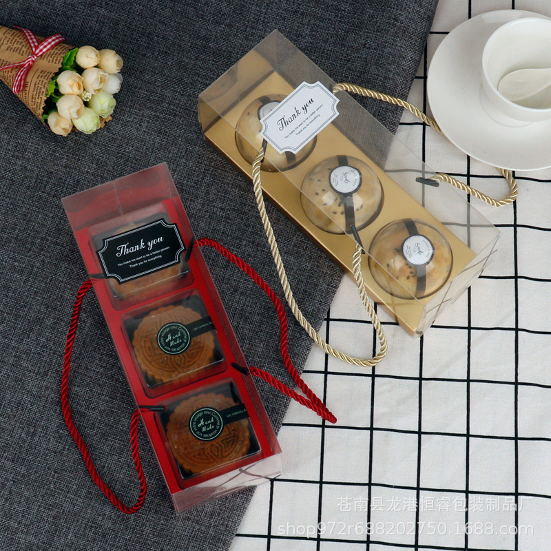 En stock transparente PET protección del medio ambiente yema de huevo caja de embalaje crujiente 3 tabletas nieve Mei Niang pastelería occidental para hornear caja de pastel de Luna portátil