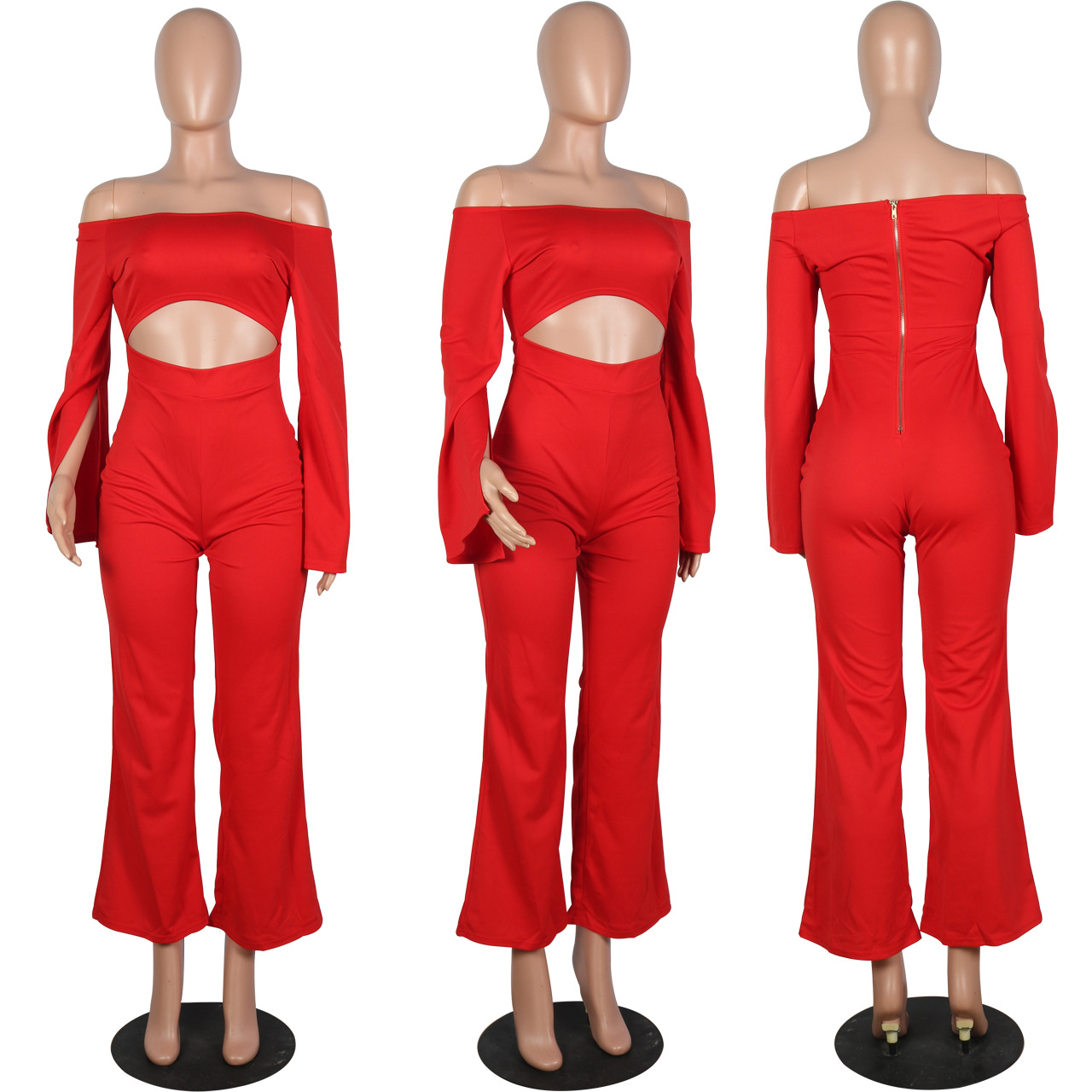 Boutique Casual Solid Color Long Sleeves Cropped off Shoulder Jumpsuit