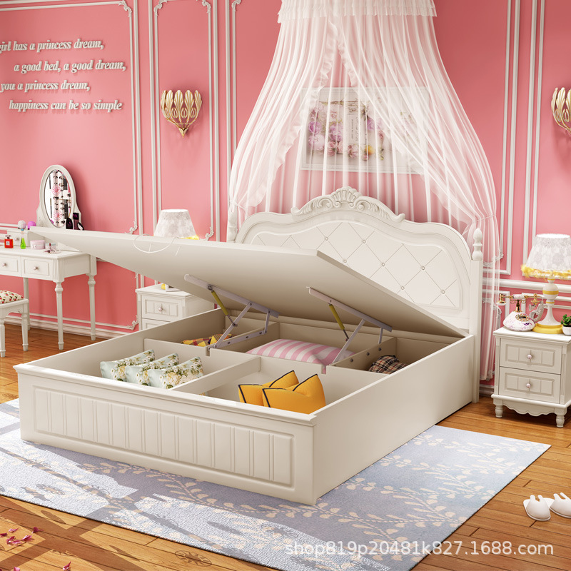 Double bed Storage bed Korean bed Princess Bed Countryside Solid wood bed Pneumatic 1.5 Meter-high box bed 1.8 M bed