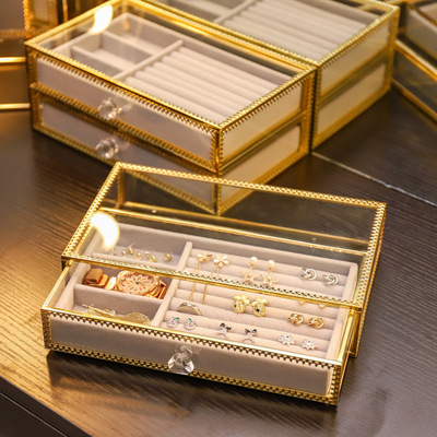 铜边玻璃首饰收纳盒透明饰品耳环戒指首饰架绒布盒首饰盒珠宝箱|ms