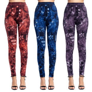 Cross-border hot new slim-fit hip-lifting breathable super elastic cropped pants leaf printed imitation denim leggings
