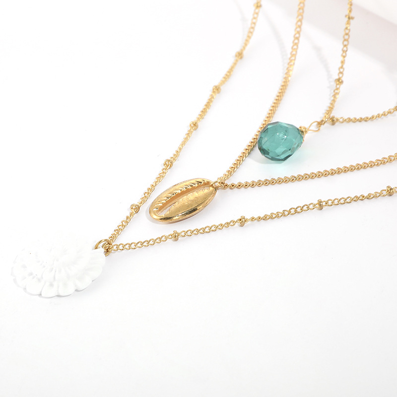 New Paragraph Decorated White Flower Shell Three-layer Necklace Neck Chain Emerald Pendant Sweater Chain Women display picture 5