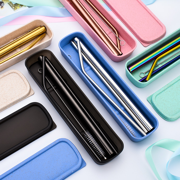 304 Stainless steel straw Portable tableware Pearl milk tea straw clean brush colour Gift Box 4 suit