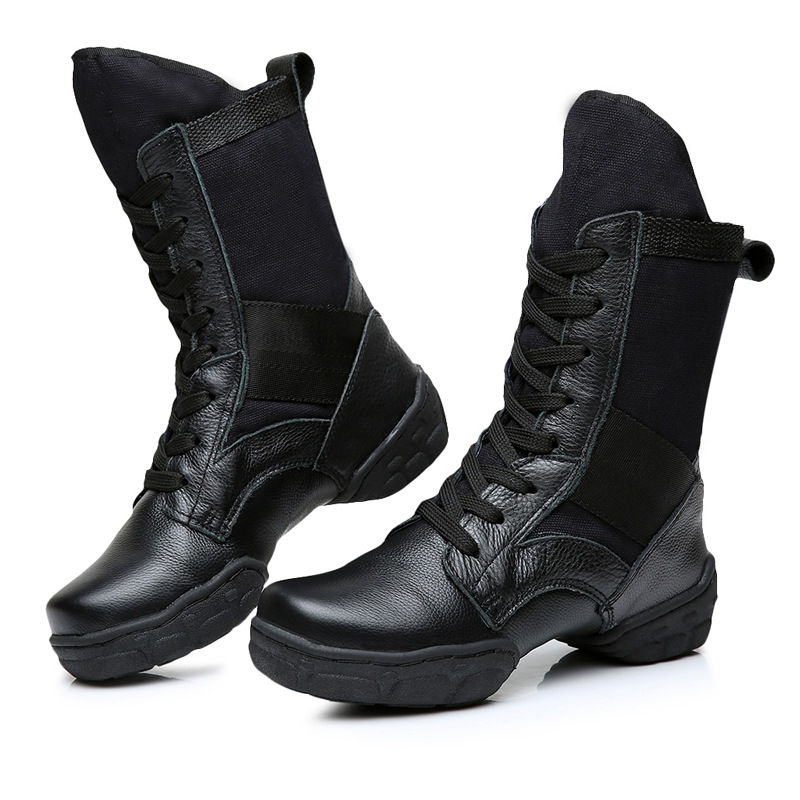 秋冬新款现代舞鞋真皮爵士舞鞋高帮男式牛皮舞蹈鞋黑色增高舞鞋