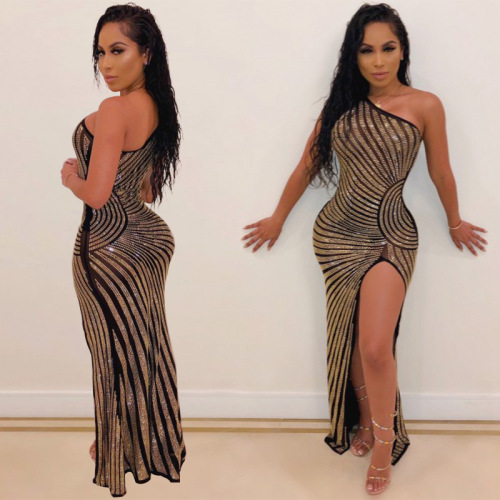 Night club stage performance bling dresses Women sexy mesh ironing one shoulder split dress