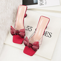 9696-13 Korean edition fashionable square-toed open-toed high-heeled shoes big bow-knot sexy women's sandals thin-heeled transparent women's shoes