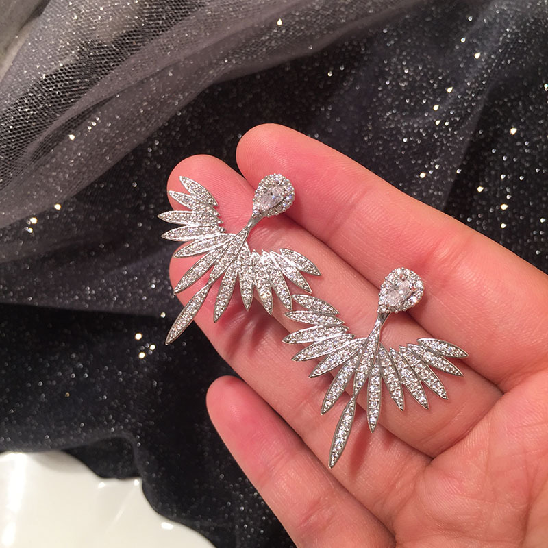 Fashion S925 Silver Needle Angel Wing Earrings Micro-set Zircon Water Drop Fan Earrings display picture 7