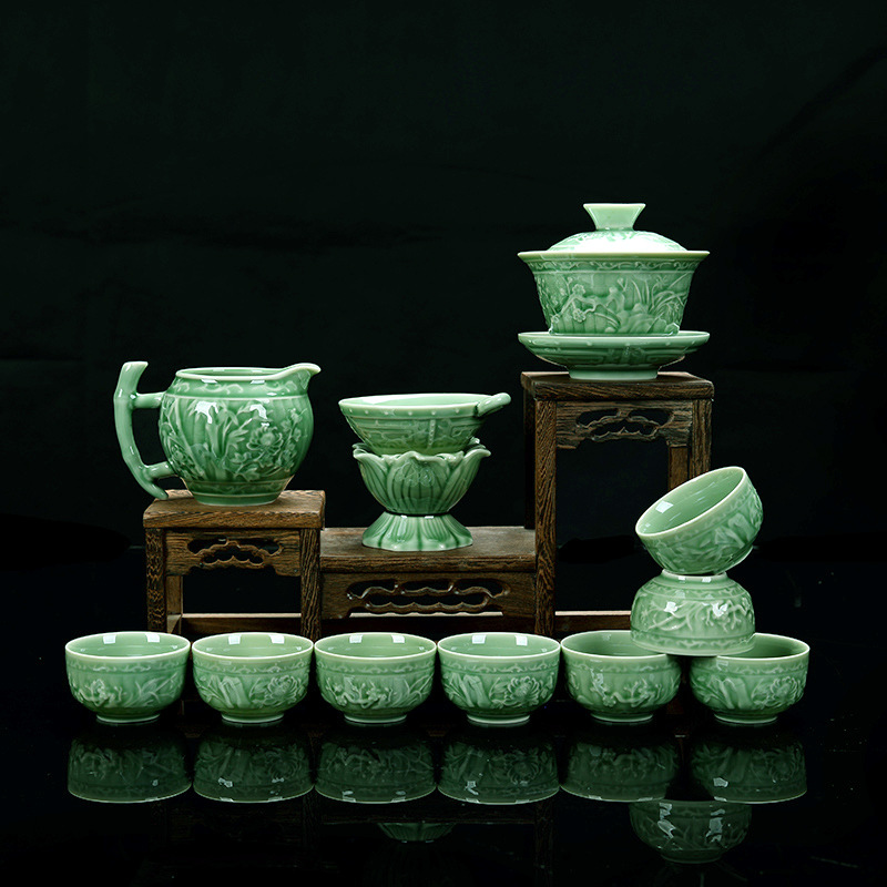 Manufactor Direct selling New products relief Celadon tea set suit Cover bowl teapot business affairs activity gift tea set logo