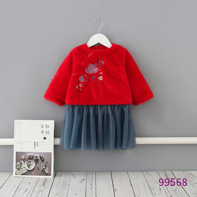 2019 Children's clothing winter new pattern girl thickening keep warm Dress fashion Embroidery children Lambswool skirt