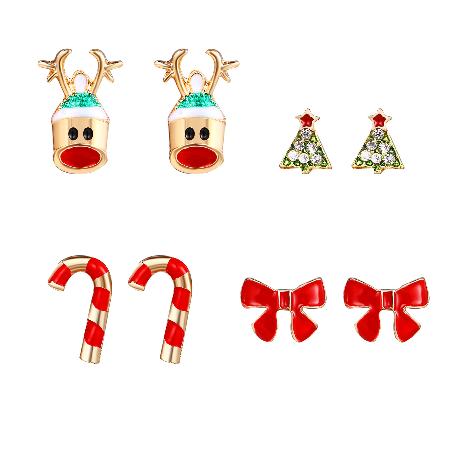 Four Pairs Of Cartoon Christmas Deer Earrings Christmas Tree Bow Earrings Deer Head Cane Earrings display picture 1