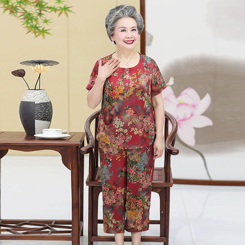 Летняя одежда для пожилых мам Костюм из пряжи Xiangyun, костюм для 60-летней бабушки 70, одежда для бабушки, Шелковый костюм из двух предметов с короткими рукавами, 80, одежда для пожилых людей
