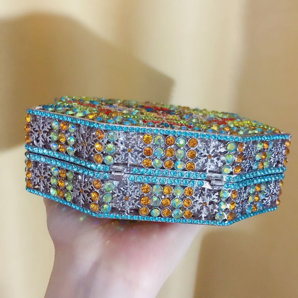 Túi clutch nữ đính pha lê kim cương bông tuyết, thiết kế hợp kim rỗng, làm bằng tay — Màu tím, Màu xanh lam, Ảnh tùy chỉnh được Cá nhân hóa, Màu đỏ hoa hồng chi tiết 34