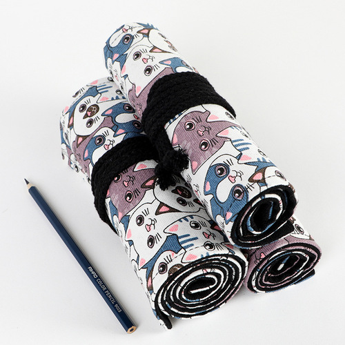 Big head cat print canvas pen curtain 12 24 36 48 72 holes large capacity pencil bag color lead sketch stationery bag