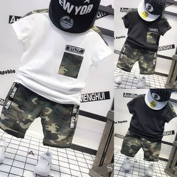 Boys' Short Sleeve Sports Suit Summer Wear Cotton T-Shirt + Camouflage Shorts 2-Piece Fashion - ShopShipShake
