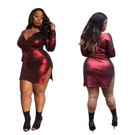 2019跨境 欧美大码烫金开叉女装连衣裙