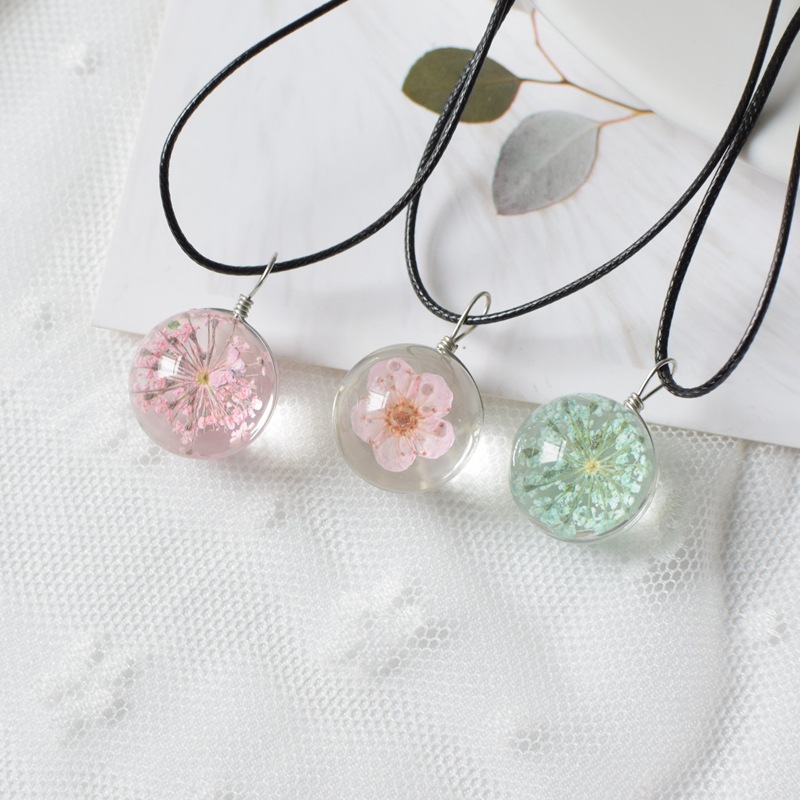 new pattern Glass ball Peach blossom Necklace Pendant Confidante A birthday present Herbarium Dried flowers Jewelry Clavicle chain wholesale