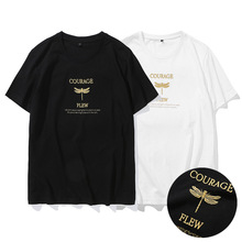 G潮牌男女2022夏季动物蜻蜓字母刺绣纯棉英伦风修身情侣装短袖T恤