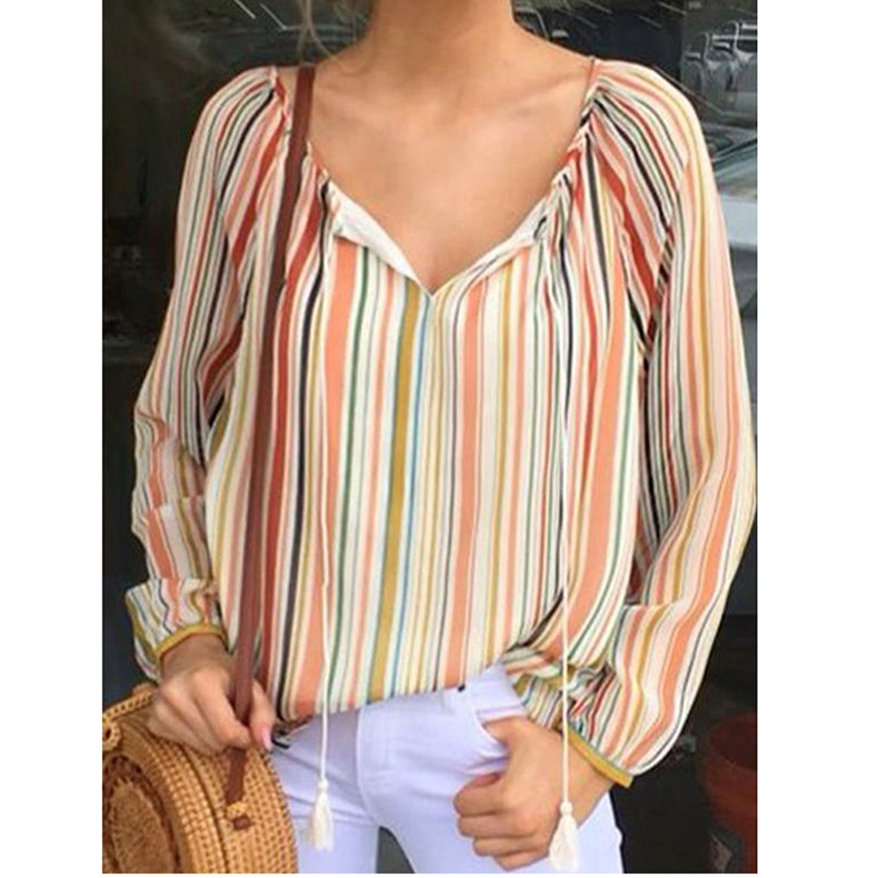 women s loose V-neck striped top  NSKX10134