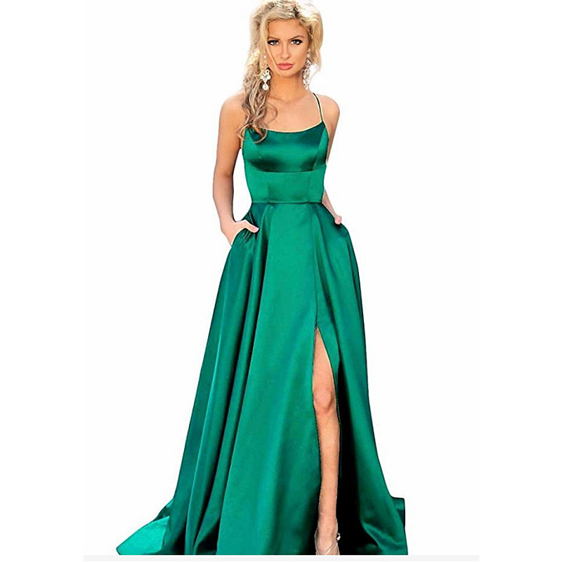 Amazon European station evening dress sexy back hollow see-through satin cloth tail swing front slit dress female