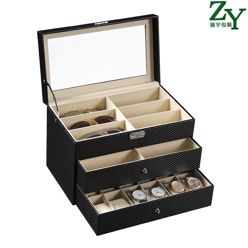跨境现货热销12位手表盒PU皮碳纤维墨镜眼镜盒三层带锁收纳展示盒