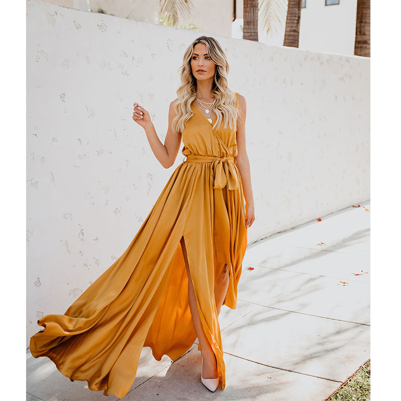 Cross-border women's clothing 2020 summer new bohemian solid color V-neck sleeveless high slits large swing dress long skirt