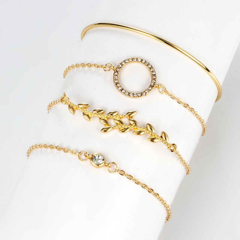 2019 Europäische Und Amerikanische Neue Accessoires Mode Beliebte Blätter Diamant Kreis Legierung Armband Armband 4-teiliges Zubehör display picture 6