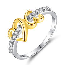 亞馬遜鏤空雙愛心鋯石戒指心形雙色電鍍指環手飾心連情侶戒子批發