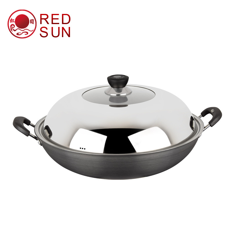 Factory Direct Red Sun hard anode wok manganese titanium alloy anode double bottom wok no oil smoke no coating Electric