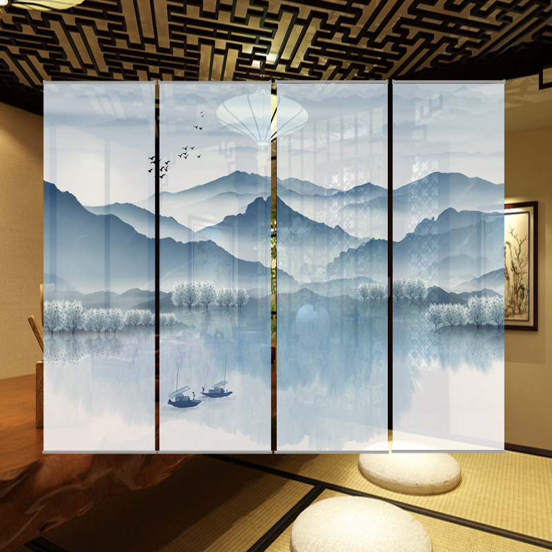枫桥窗帘新中式山水画窗帘办公卷帘禅意艺术屏风隔断帘窗帘定制-阿里巴巴
