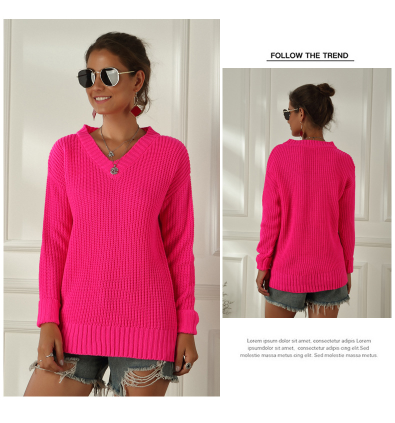 hot style women autumn and winter new women s fluorescent color V-neck ladies sweater NSYH7178