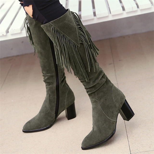 Women’s long boots， matte high heels， thick heels， autumn and winter 2019 pointed high boots， thin fringe boots size 33-