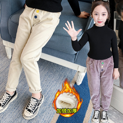 女童加绒灯芯绒裤子2019新款秋冬装中大童洋气休闲外穿儿童厚长裤|ru