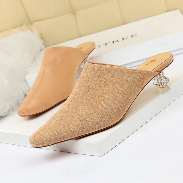 comfortable slippers transparent crystal heel suede deep-mouthed 